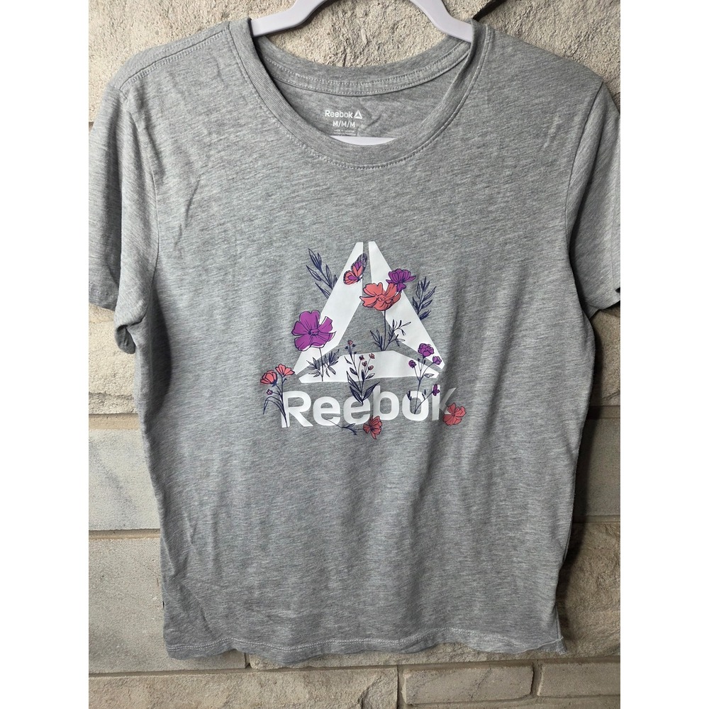 Reebok Womens Floral Logo Graphic T-Shirt Heather Gray Crew Neck Short Sleeve M